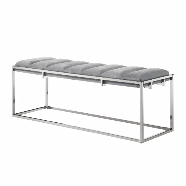 Gray silver upholstered velvet bench with metal legs and modern design