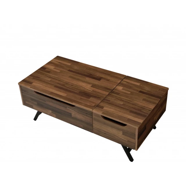 Walnut rectangular lift-top coffee table with drawer and wood stain finish
