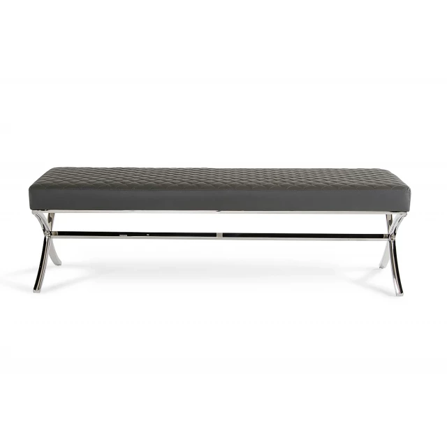 Gray silver upholstered faux leather bench with metal legs and modern design