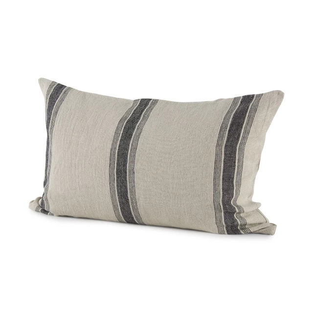 Beige and black striped lumbar pillow cover with pattern design