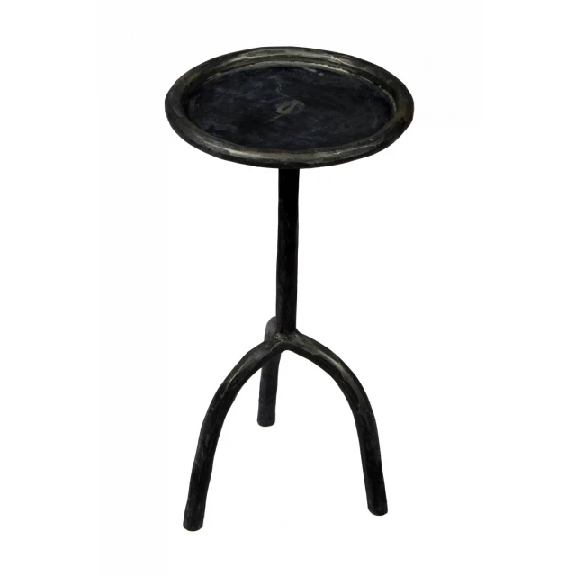 Black iron pedestal round end table in a modern design with metal accents