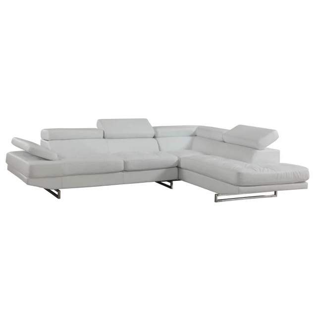 Gray leather L-shaped corner sectional with comfortable cushions and metal accents