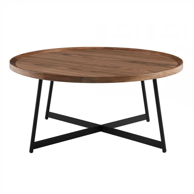 Walnut manufactured wood round coffee table with wood stain finish in outdoor setting