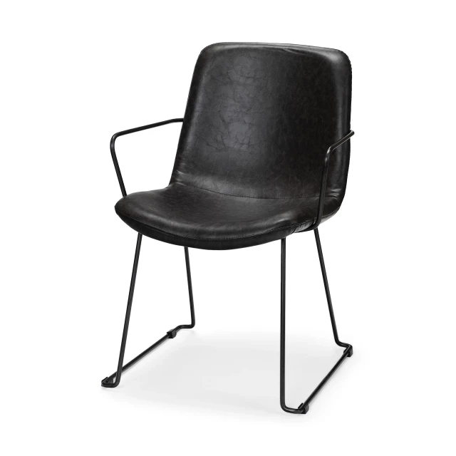 Black iron frame dining chair with armrests and comfortable composite material seat