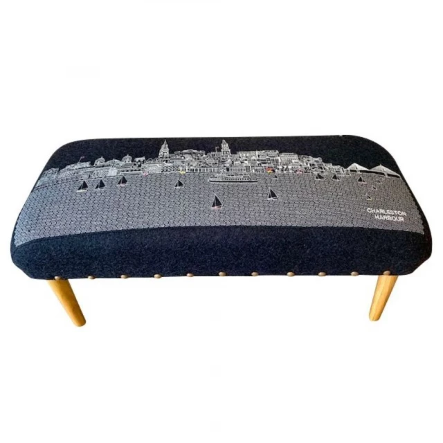 Gray wool brown ottoman with a rectangular shape and textured fabric