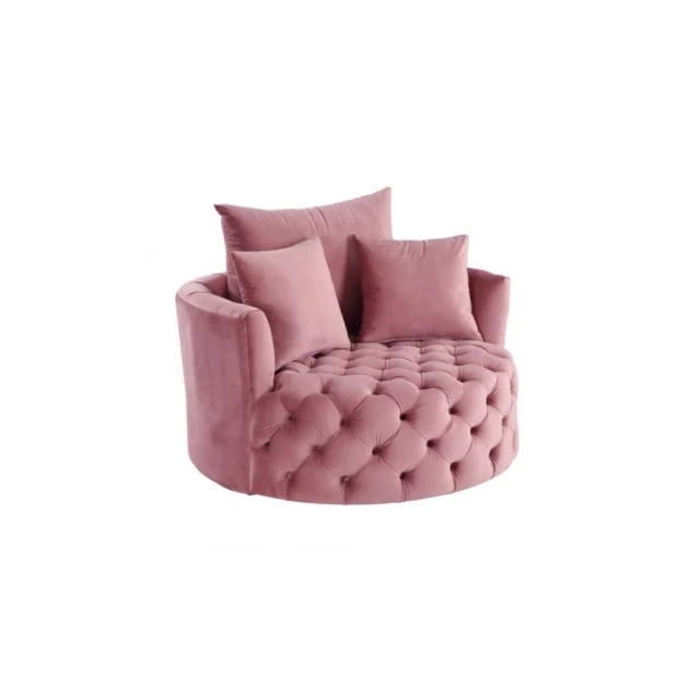 pink velvet solid barrel chair in a cozy outdoor setting with magenta accents and vase