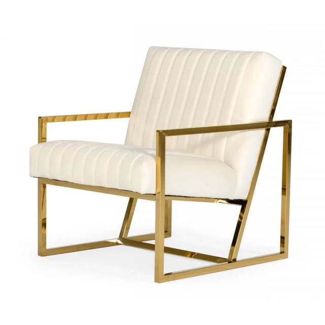 Off White Velvet Gold Steel Chair with Armrest and Wood Accents for Comfortable Seating