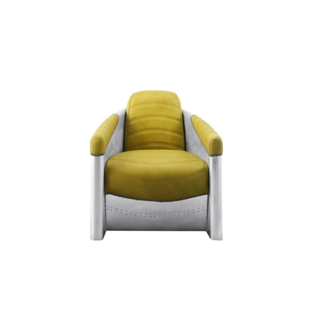 Yellow grain leather steel barrel chair with wood armrests and comfortable rectangle design