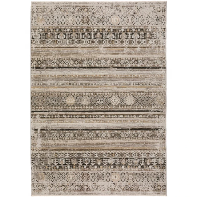 brown oriental area rug with fringe and beige rectangle pattern