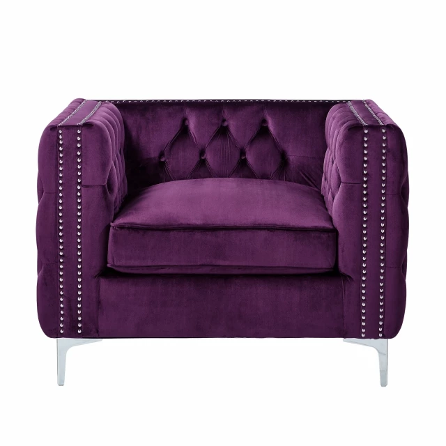 Purple silver velvet tufted club chair with comfortable rectangle cushion and violet accents