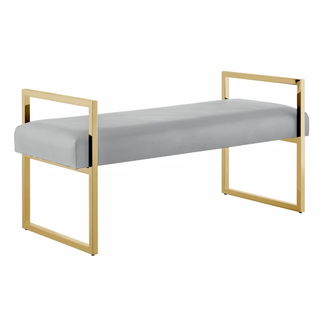 Gray gold upholstered PU leather bench with wood stain and comfort design