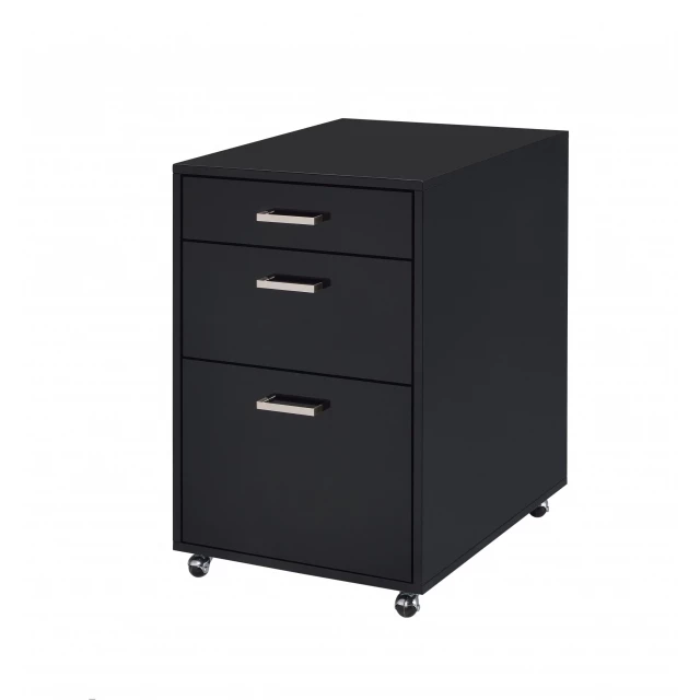 Black standard accent cabinet with drawers featuring metal handles and a sleek rectangle shape