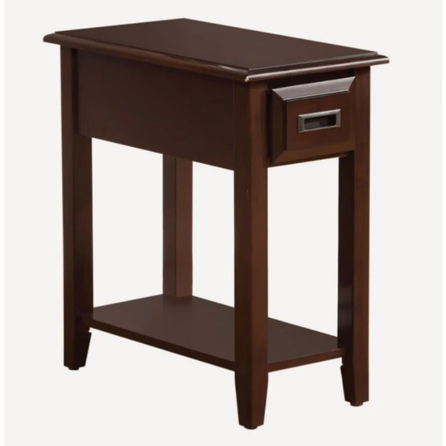 Dark cherry wooden side table with pedestal and wood stain in outdoor setting