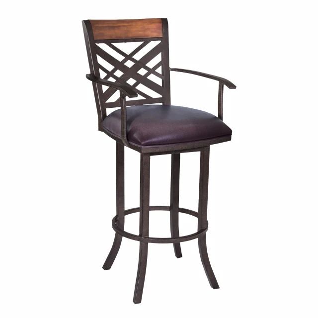 Leather iron bar height chair with armrests and wood accents in furniture setting