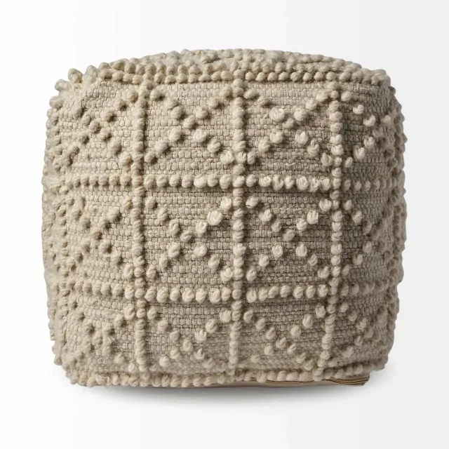 Ivory Wool Sqaure Pouf With Popcorn Detail Ivory Wool Sqaure Pouf With Popcorn Detail