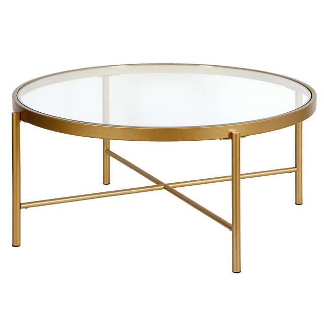 Gold glass steel round coffee table with natural material design elements