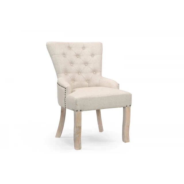 Beige fabric tufted armchair with hardwood armrests for comfortable seating in furniture.