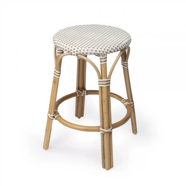 Beige rattan backless bar chair with wood stain finish ideal for outdoor furniture