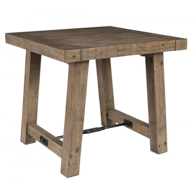 Solid wood brown end table with pedestal base and wood stain finish