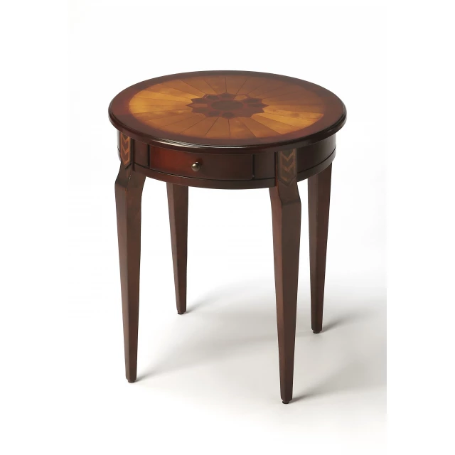 Cherry maple inlay round accent table with varnished wood finish perfect for outdoor furniture settings