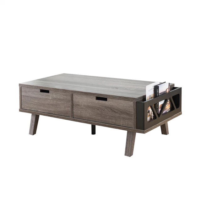 Gray distressed coffee table with drawers and shelf featuring hardwood and metal accents