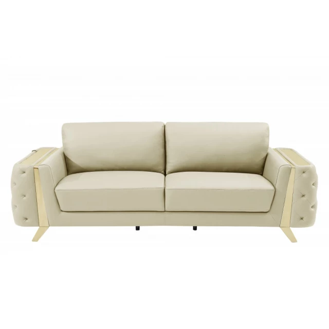 Beige silver Italian leather sofa in a comfortable studio couch design with brown accents and furniture appeal