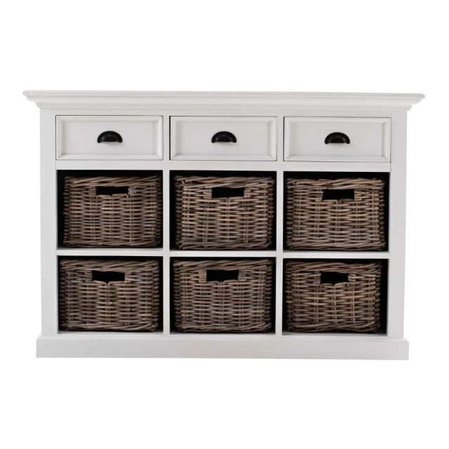 Modern farmhouse buffet server basket with wood cabinetry and drawer details
