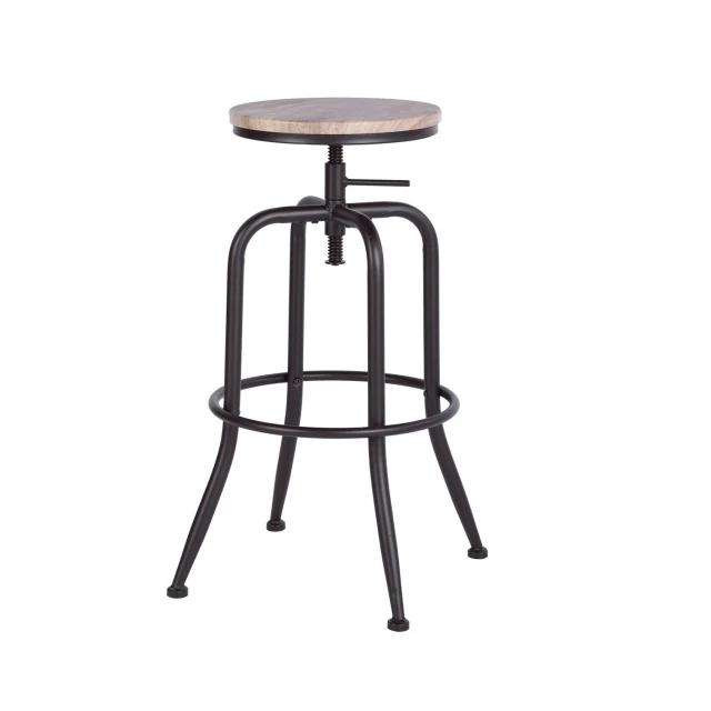 Black steel swivel backless bar chairs with table and serveware