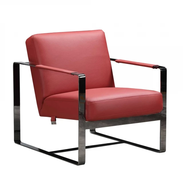 Red and black genuine leather armchair with wooden armrests for comfortable seating