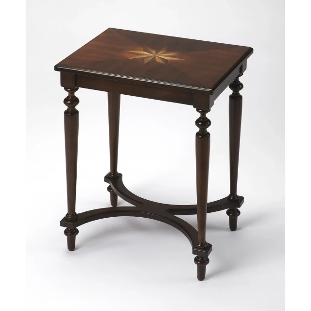 Cherry brown starburst inlay end table with wood stain finish suitable for outdoor use