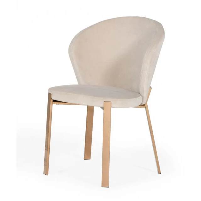 Beige velvet rosegold dining chair with natural wood legs and modern design