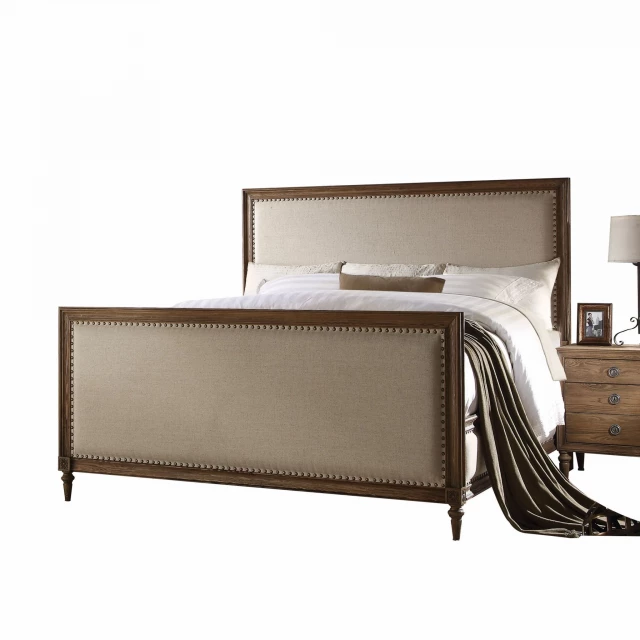 Reclaimed oak wood queen bed with upholstery in online shop