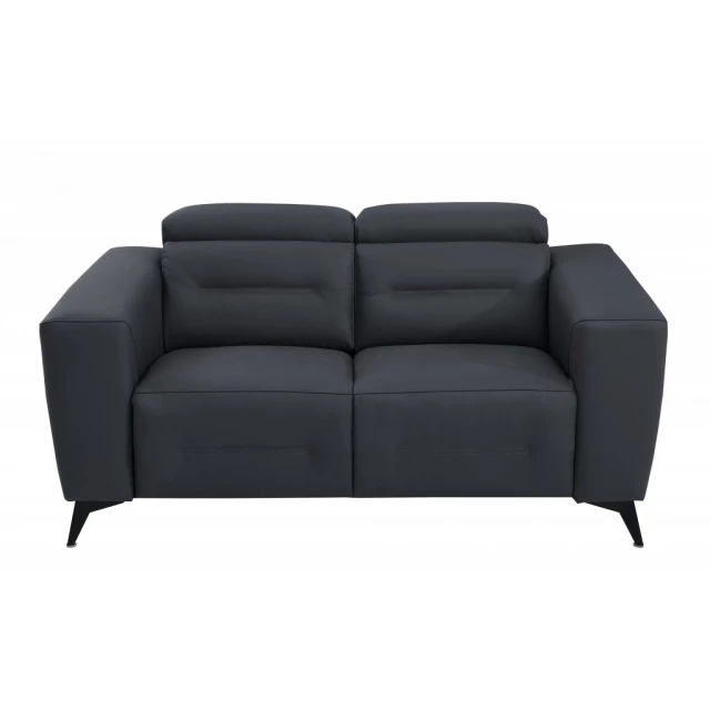Black Italian leather power reclining loveseat with comfortable armrests and sleek design suitable for outdoor use