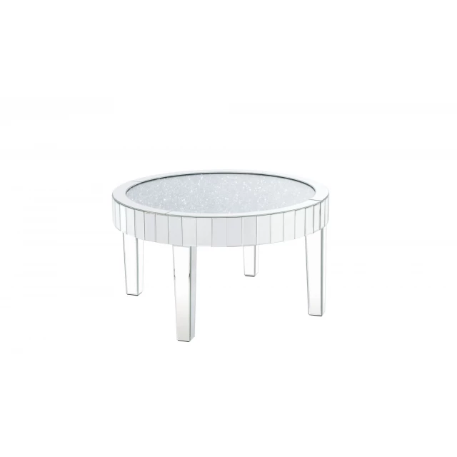 Silver glass round mirrored coffee table with metal and nickel elements