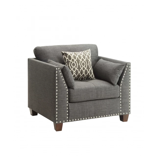 Charcoal brown linen armchair with wood armrests and comfortable rectangle design for home furniture