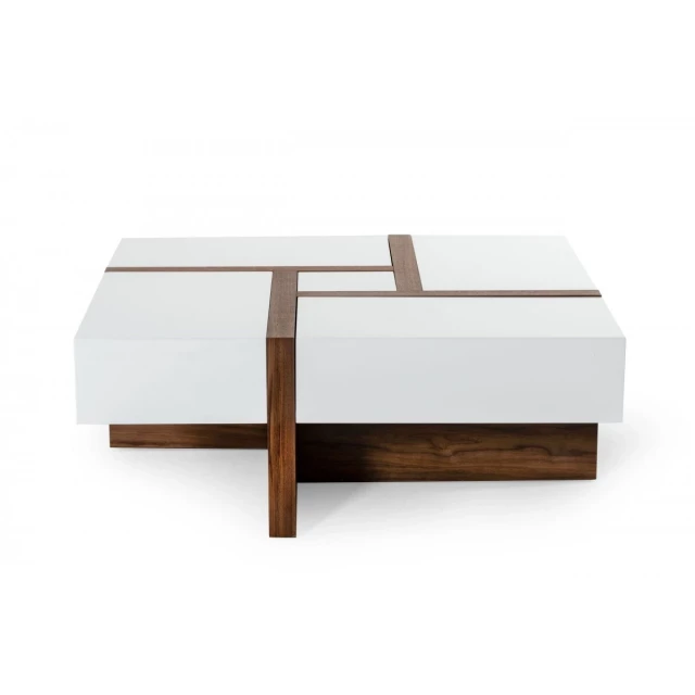 White walnut square coffee table with storage and hardwood shelving