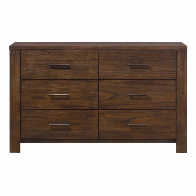 Brown metal six drawer dresser in a minimalist style for bedroom storage