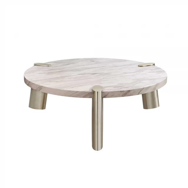 White genuine marble round coffee table with wood stain finish