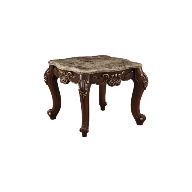 Marble solid wood square end table with brown wood stain finish in furniture setting