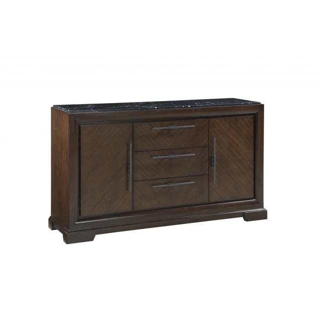 Marble tobacco server on wooden cabinet with drawers and door handles