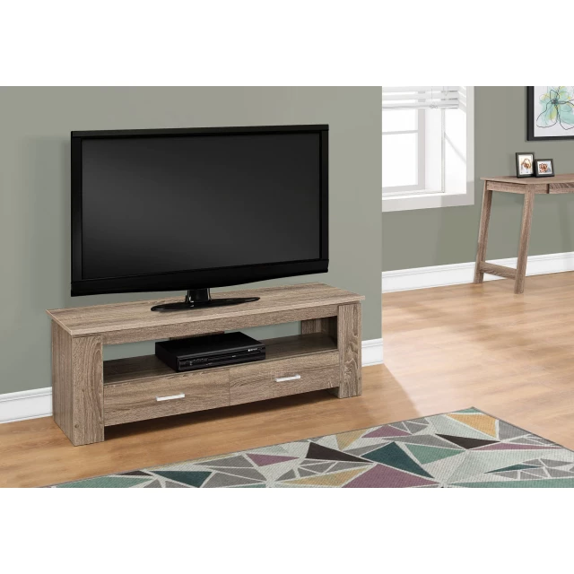 Board laminate TV stand with storage drawers and entertainment center features