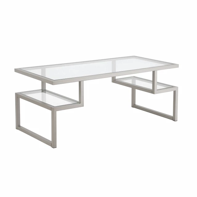 Silver glass steel coffee table with shelves and wood accents