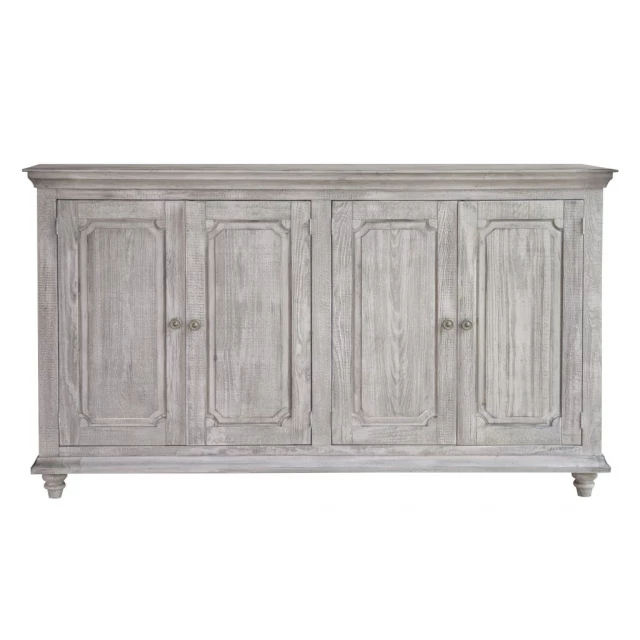 Sand solid manufactured wood distressed credenza with hardwood pattern and wood stain details