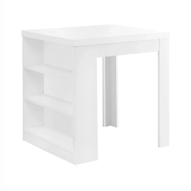 White rectangular manufactured wood dining table with plywood shelving