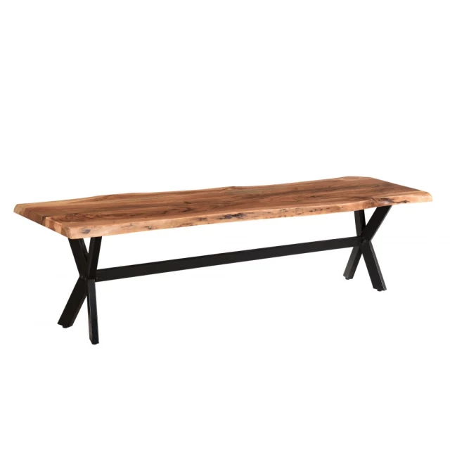 Brown black solid wood dining bench with hardwood plank design suitable for outdoor furniture.