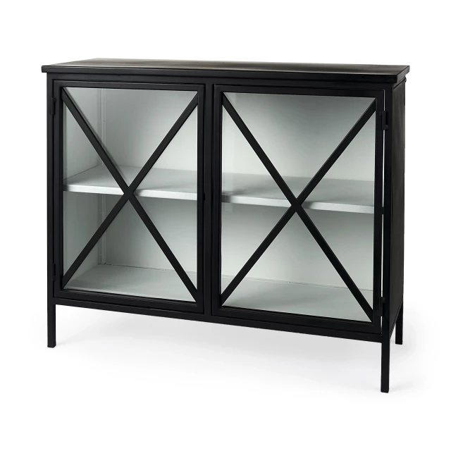Slender sleek black door glass cabinet with shelving suitable for outdoor furniture