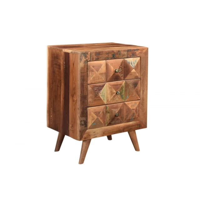 Geometric pattern solid wood nightstand with brown wood stain and chest of drawers design