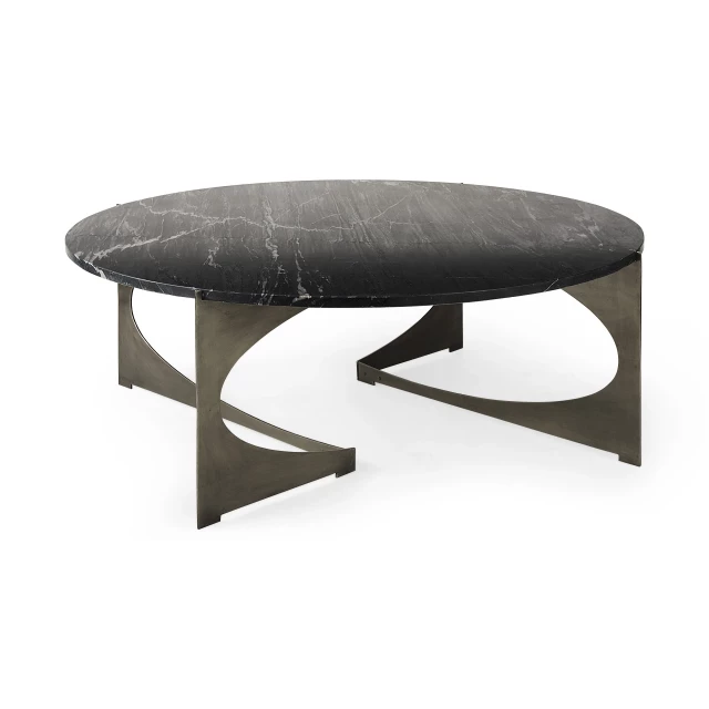 Genuine marble iron round coffee table with hardwood and metal details