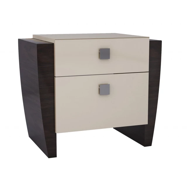 Refined beige high gloss nightstand with wood drawers and metal accents