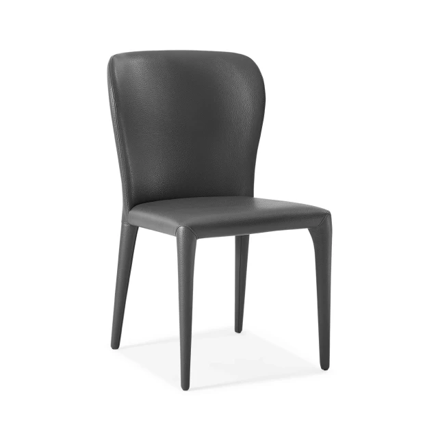 Gray faux leather dining chairs with wood armrests and comfortable rectangle seat